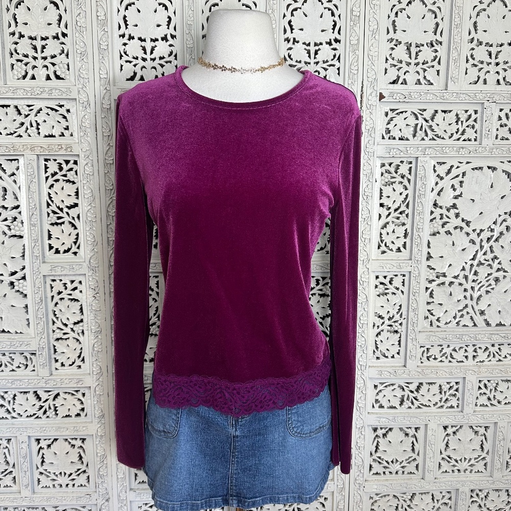Y2K Magenta Purple Velvet Lace Trim Crew Neck Coquette‎ Blouse Sz Medium